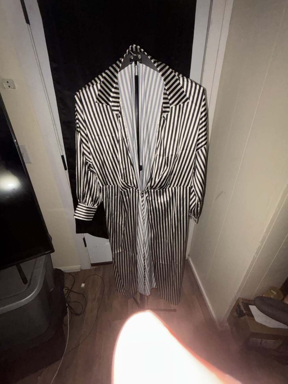 Black and White Striped Satin Long Sleeve Midi Shirt Dress